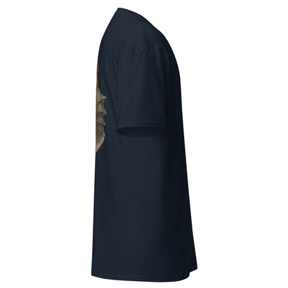 Right side view of the Navy Oblivion Imperial City Shirt – White Gold Tower Design showing side profile and sleeve shape