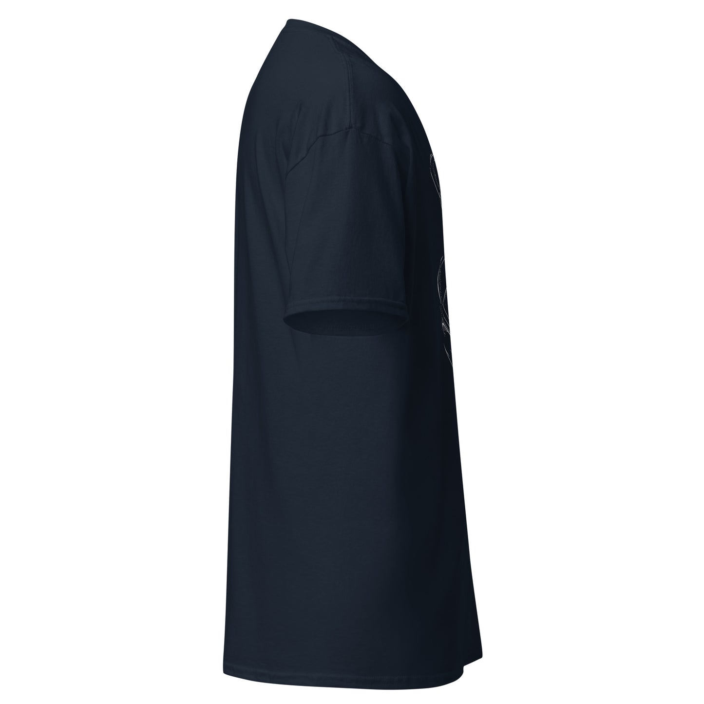 Right side view of the navy  Nine Sols Orbiting Focus Taopunk Motion graphic tee showing sleeve shape and straight silhouette