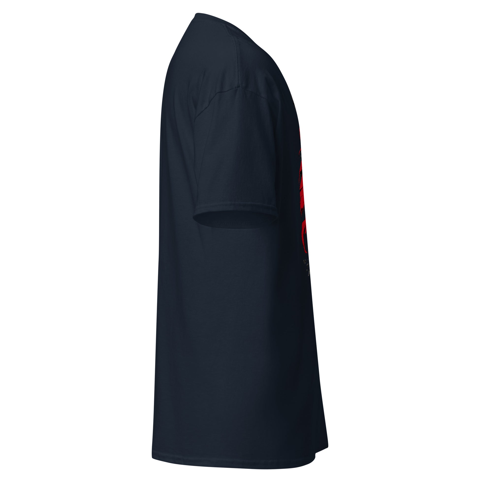 Side view of  Navy Crowsworn Crimson Scythe T-shirt with partial red cape artwork visible near the front.