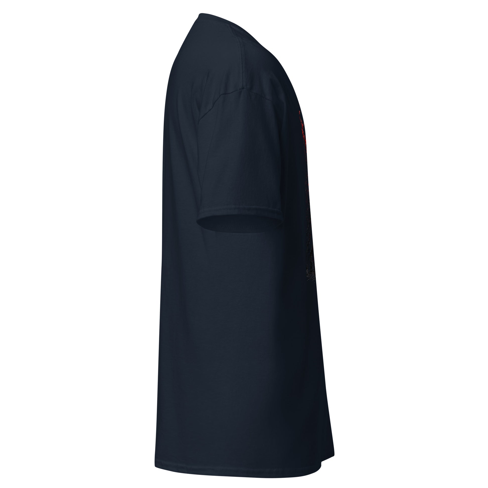 Right side view of The Blood of Dawnwalker Crimson Eclipse T-Shirt showing clean side silhouette and short sleeve structure