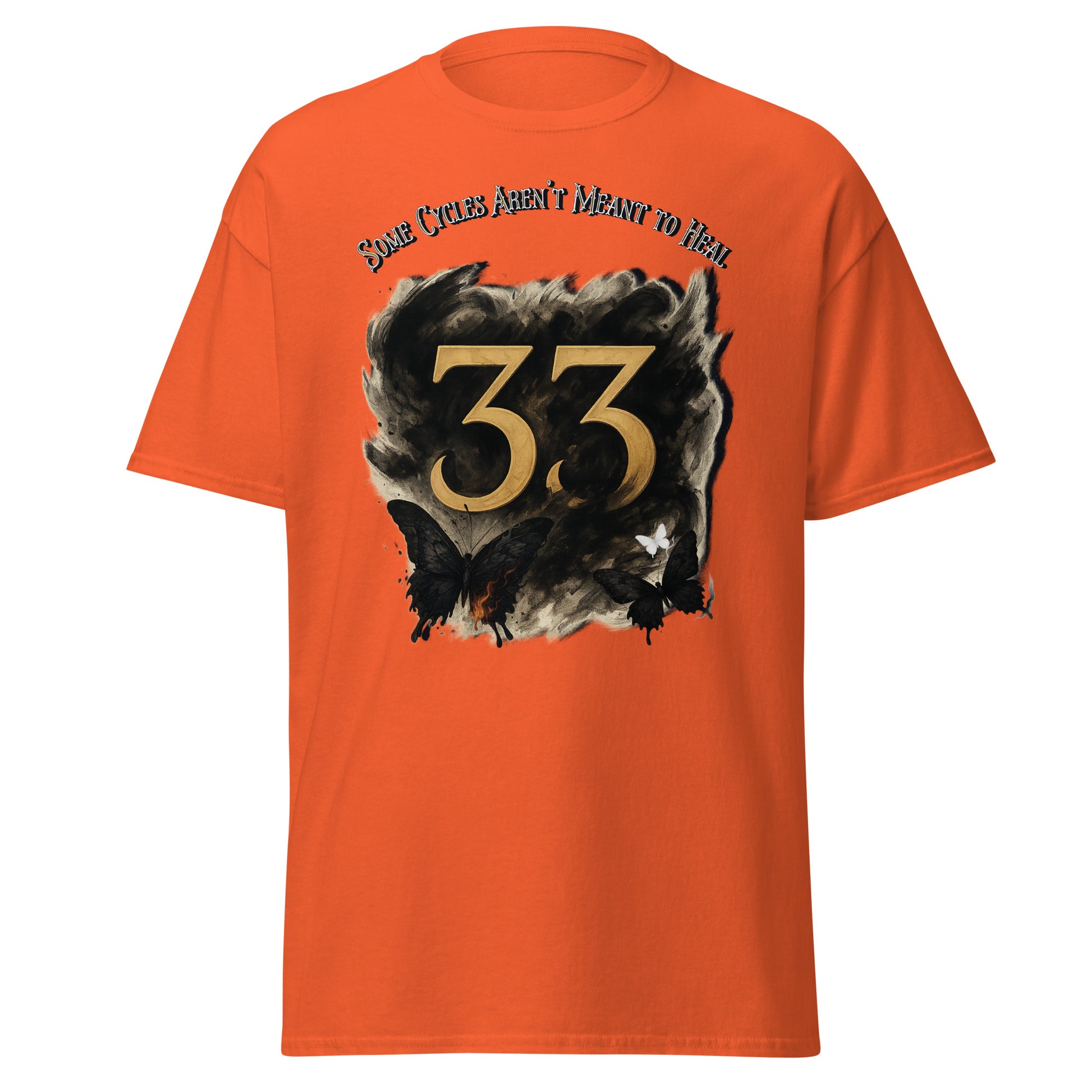 front view of Orange Expedition 33 Cycles That Don’t Heal graphic t-shirt inspired by Clair Obscur Expedition 33.