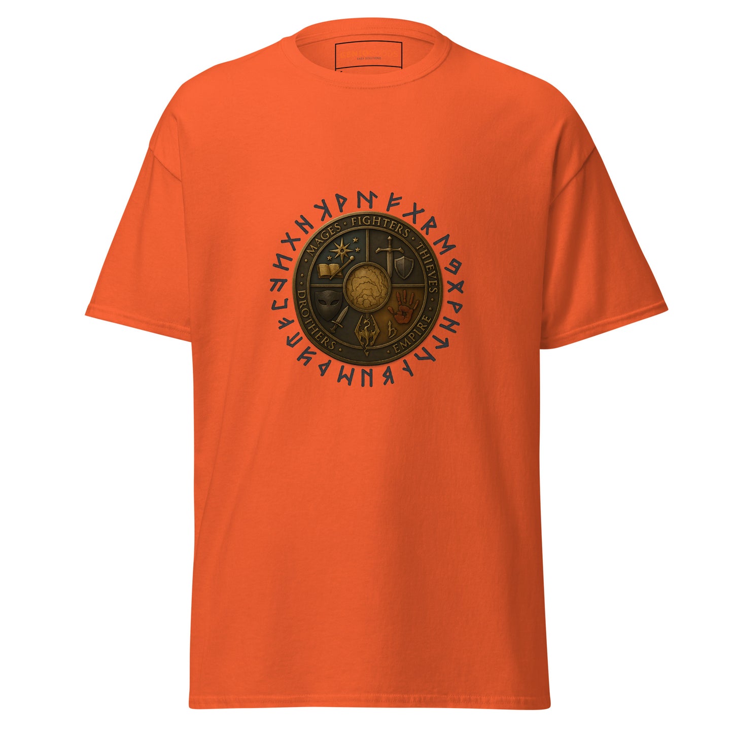Front view of the Orange Oblivion Guilds Shirt – Faction Crest Design with circular faction crest on the chest