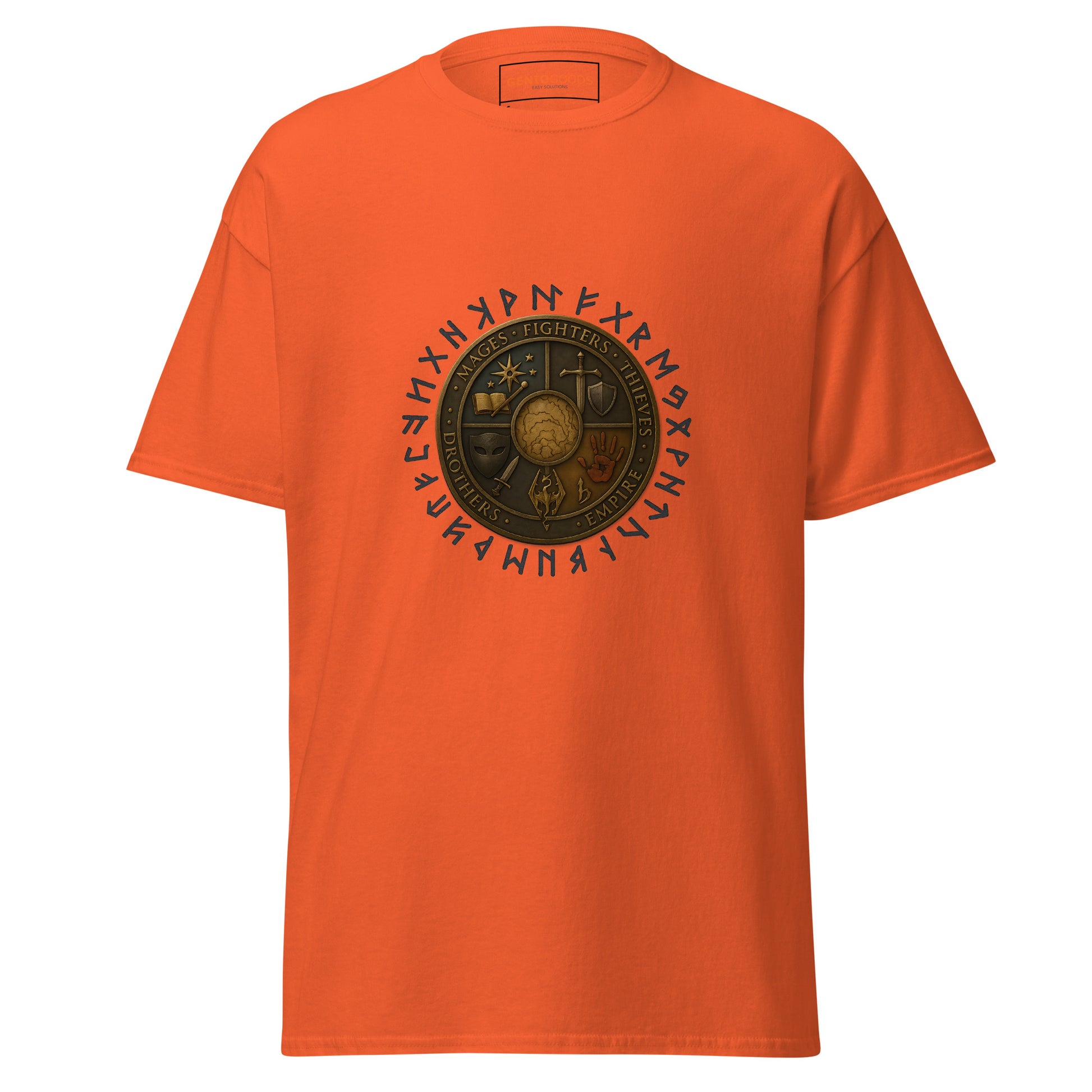 Front view of the Orange Oblivion Guilds Shirt – Faction Crest Design with circular faction crest on the chest