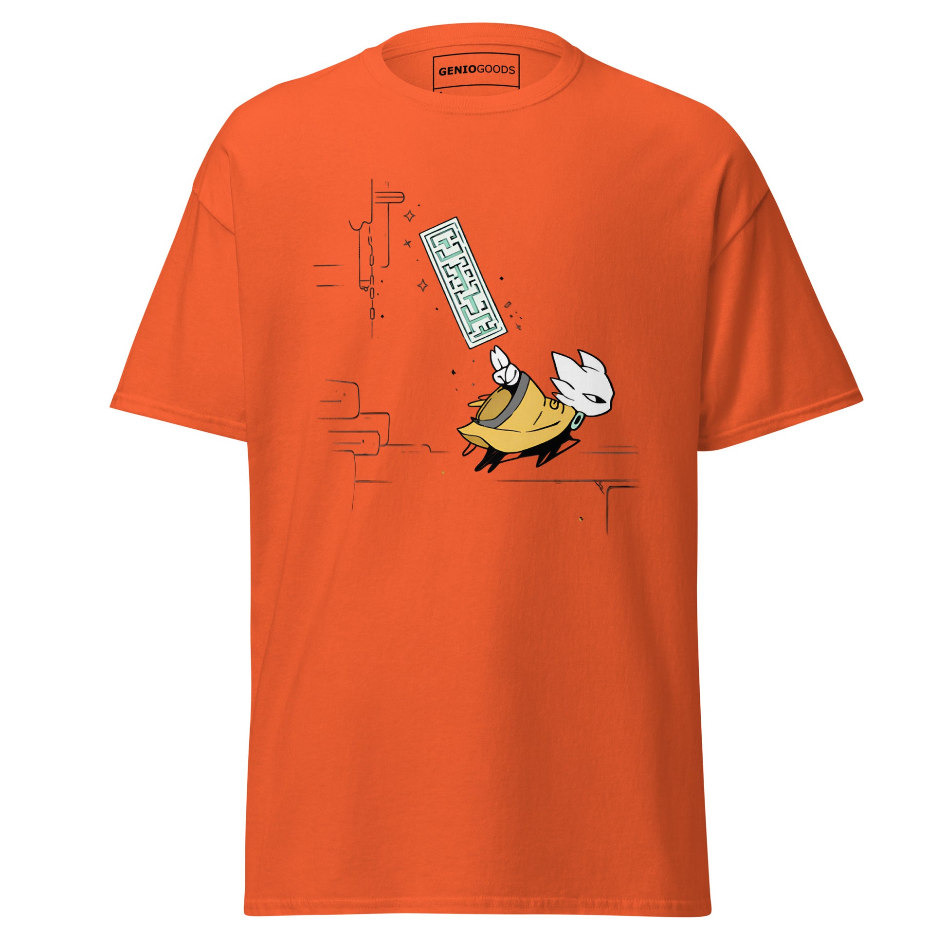 Front view of the orange Nine Sols Action Tee Seal Motion featuring a minimalist seal graphic with motion detail