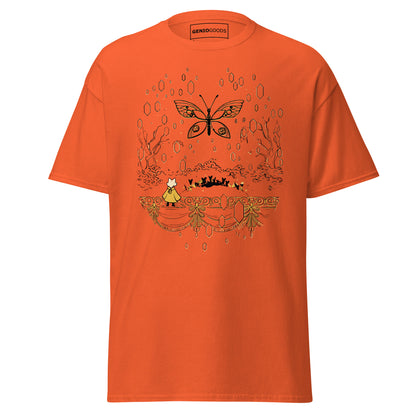Front view of the orange Nine Sols Butterfly Tee Golden Echo featuring a golden butterfly above an ornate shrine scene
