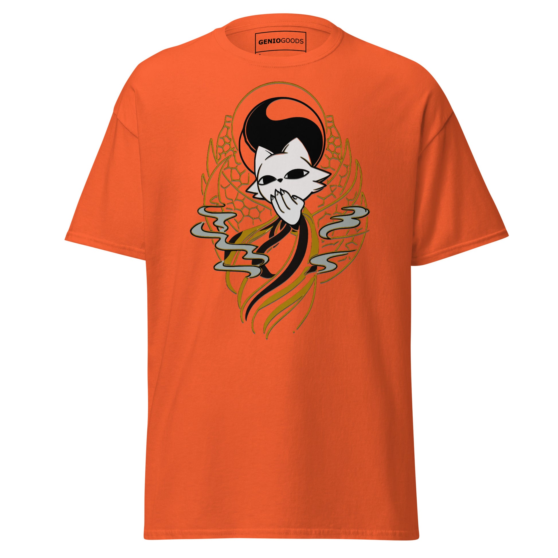 Front view of the orange Nine Sols Yin Yang Tee Balance Presence featuring a yin yang skull graphic with golden line details