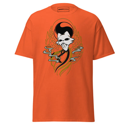 Front view of the orange Nine Sols Yin Yang Tee Balance Presence featuring a yin yang skull graphic with golden line details