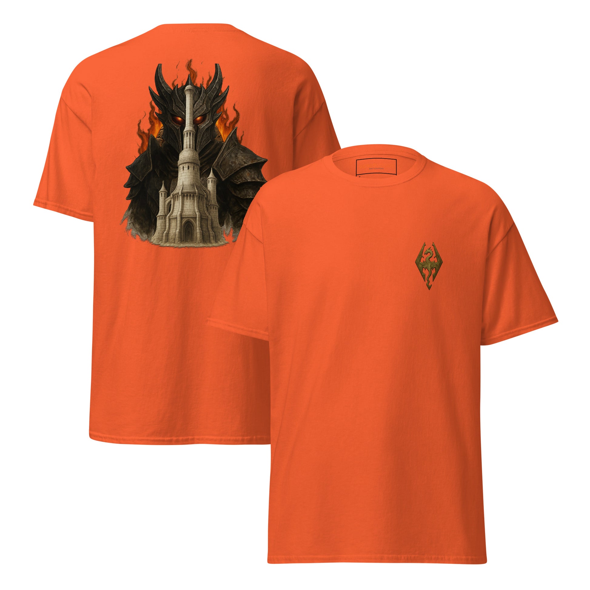 Front and back view of the Oblivion Imperial City Shirt – White Gold Tower Design with chest sigil and large White Gold Tower back graphic
