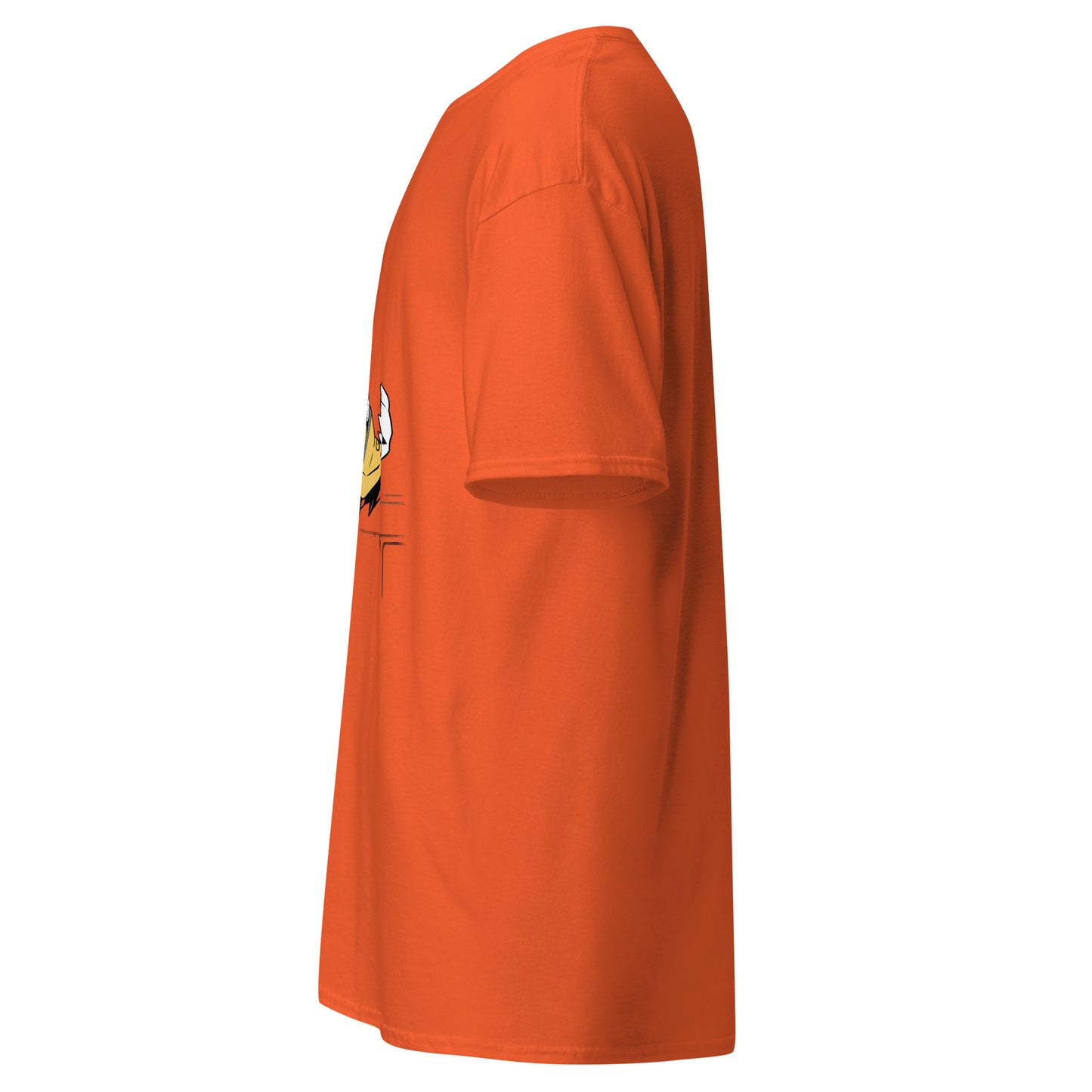 Left side view of the orange Nine Sols Action Tee Seal Motion with partial front design visible along the side