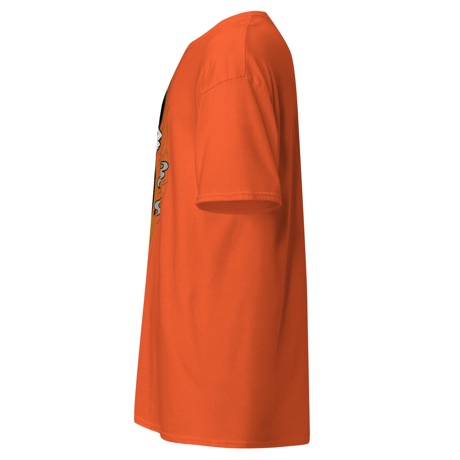Left side view of the orange Nine Sols Yin Yang Tee Balance Presence with partial front design visible along the side