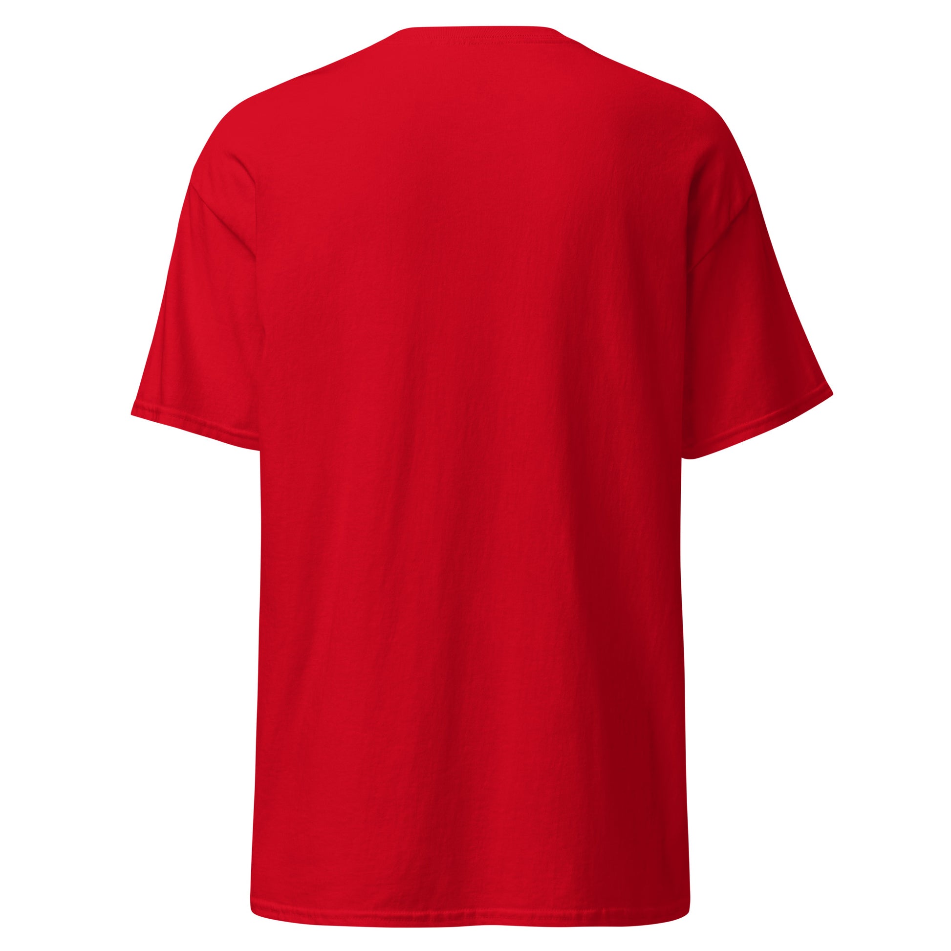 Back view of Red Crowsworn Crimson Scythe T-shirt with plain back and classic unisex fit.