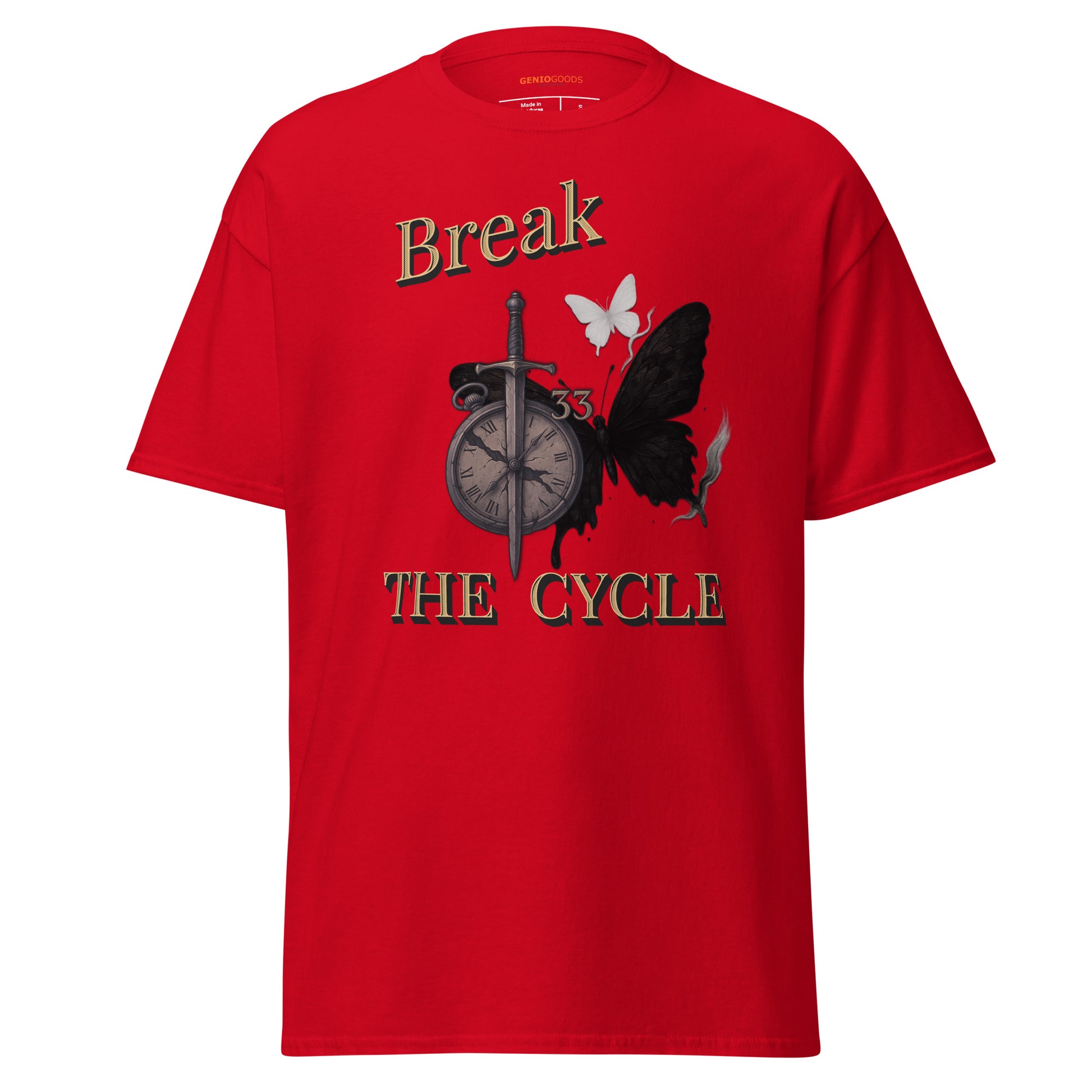 Front view of Red Expedition 33 Break the Cycle graphic t-shirt inspired by Clair Obscur Expedition 33.