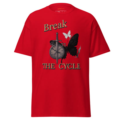 Front view of Red Expedition 33 Break the Cycle graphic t-shirt inspired by Clair Obscur Expedition 33.