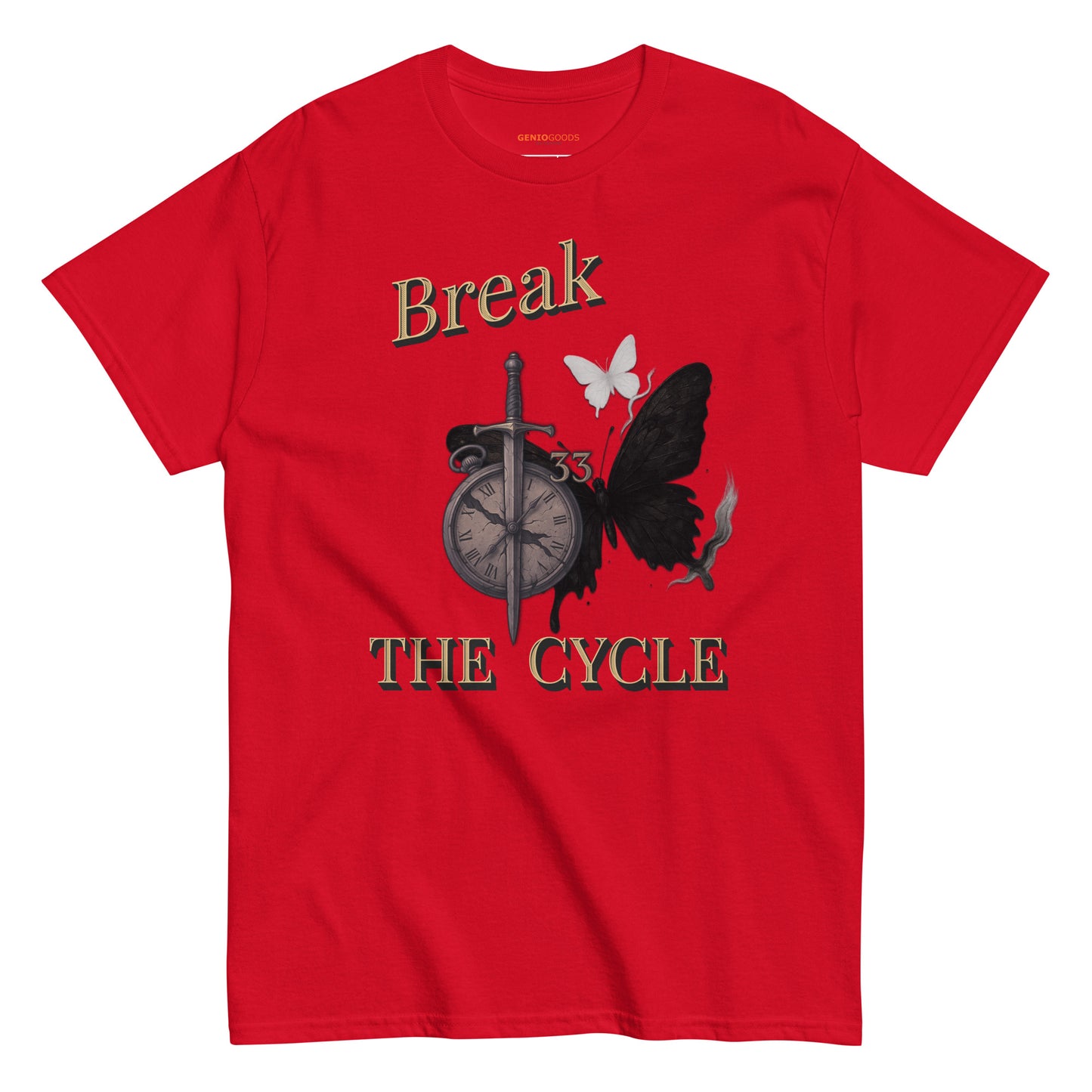 Front view of Red Expedition 33 Break the Cycle graphic t-shirt inspired by Clair Obscur Expedition 33.