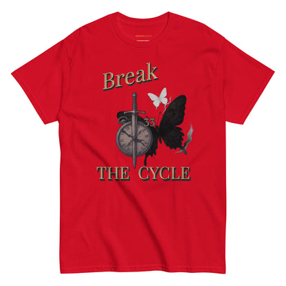 Front view of Red Expedition 33 Break the Cycle graphic t-shirt inspired by Clair Obscur Expedition 33.