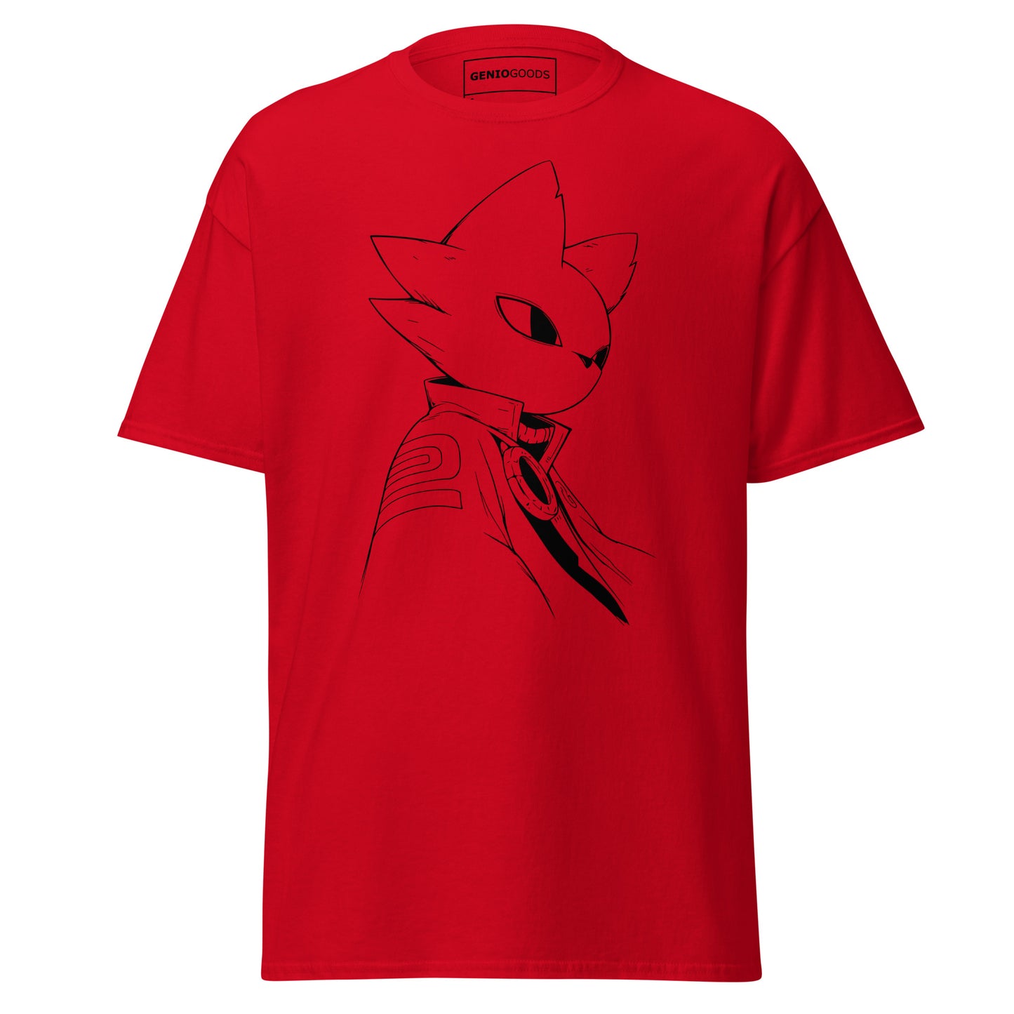 Front view of the red Nine Sols Silent Resolve Taopunk Portrait T-Shirt featuring a minimalist taopunk character portrait on black fabric