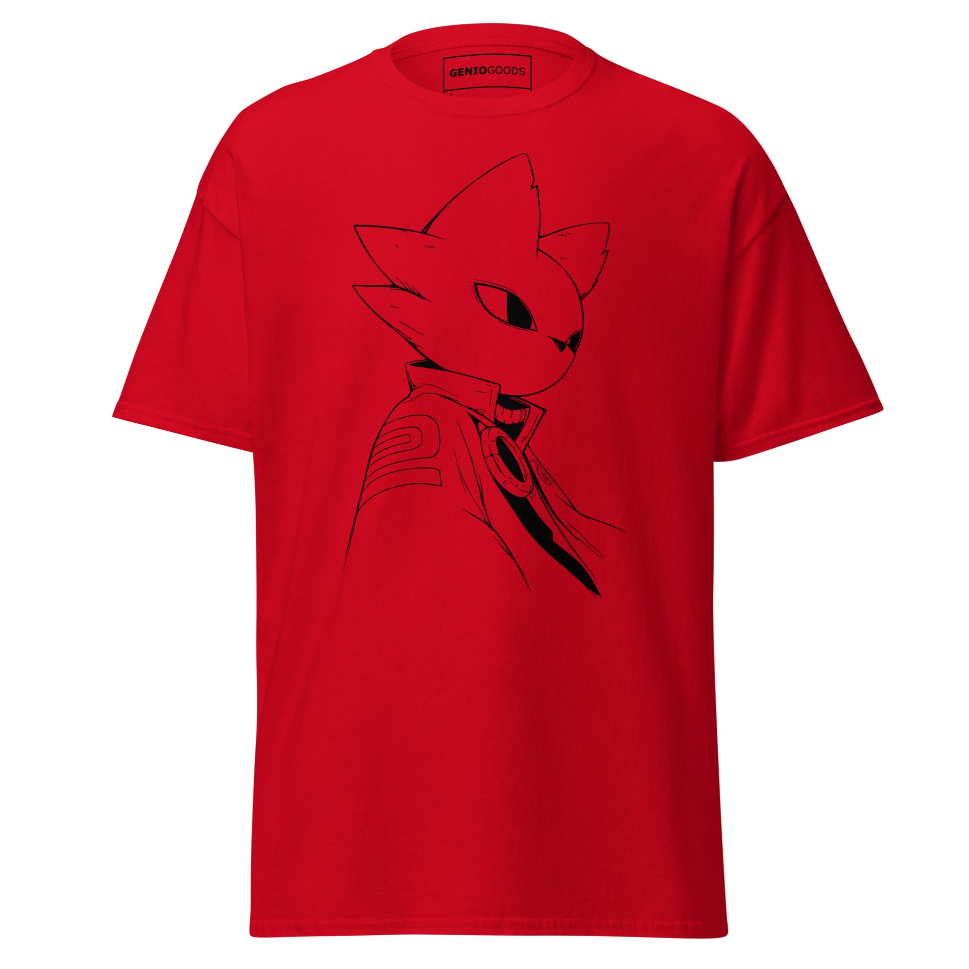 Front view of the red Nine Sols Silent Resolve Taopunk Portrait T-Shirt featuring a minimalist taopunk character portrait on black fabric