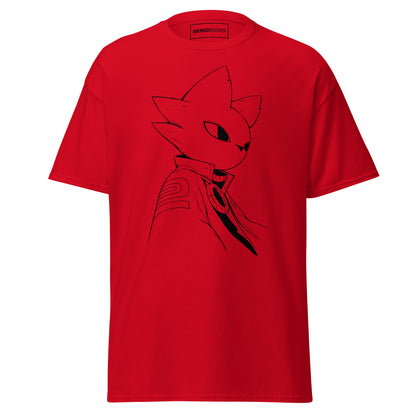 Front view of the red Nine Sols Silent Resolve Taopunk Portrait T-Shirt featuring a minimalist taopunk character portrait on black fabric