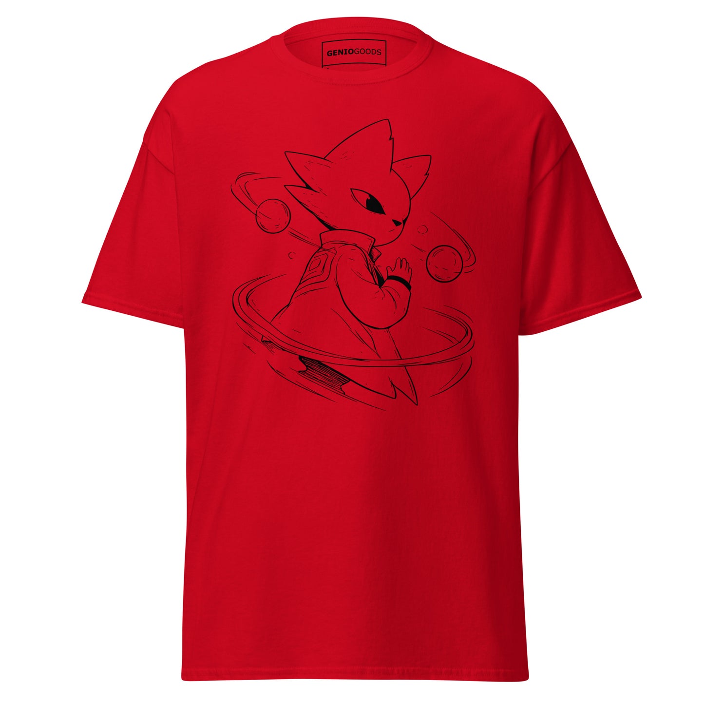 Front view of the red Nine Sols Orbiting Focus Taopunk Motion graphic tee featuring a minimalist taopunk figure with orbiting rings