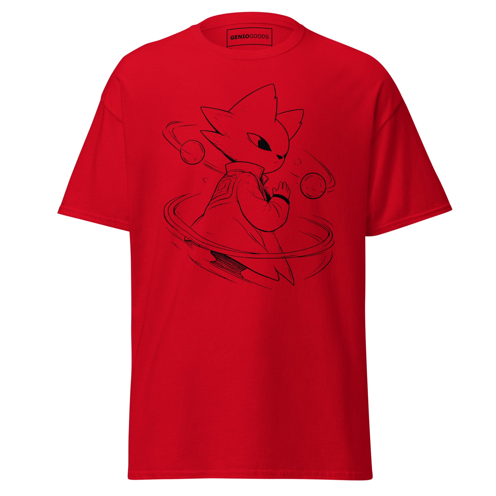 Front view of the red Nine Sols Orbiting Focus Taopunk Motion graphic tee featuring a minimalist taopunk figure with orbiting rings