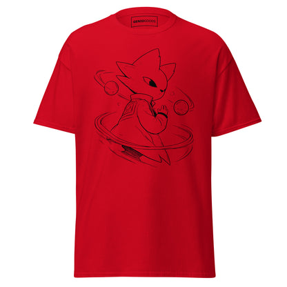 Front view of the red Nine Sols Orbiting Focus Taopunk Motion graphic tee featuring a minimalist taopunk figure with orbiting rings