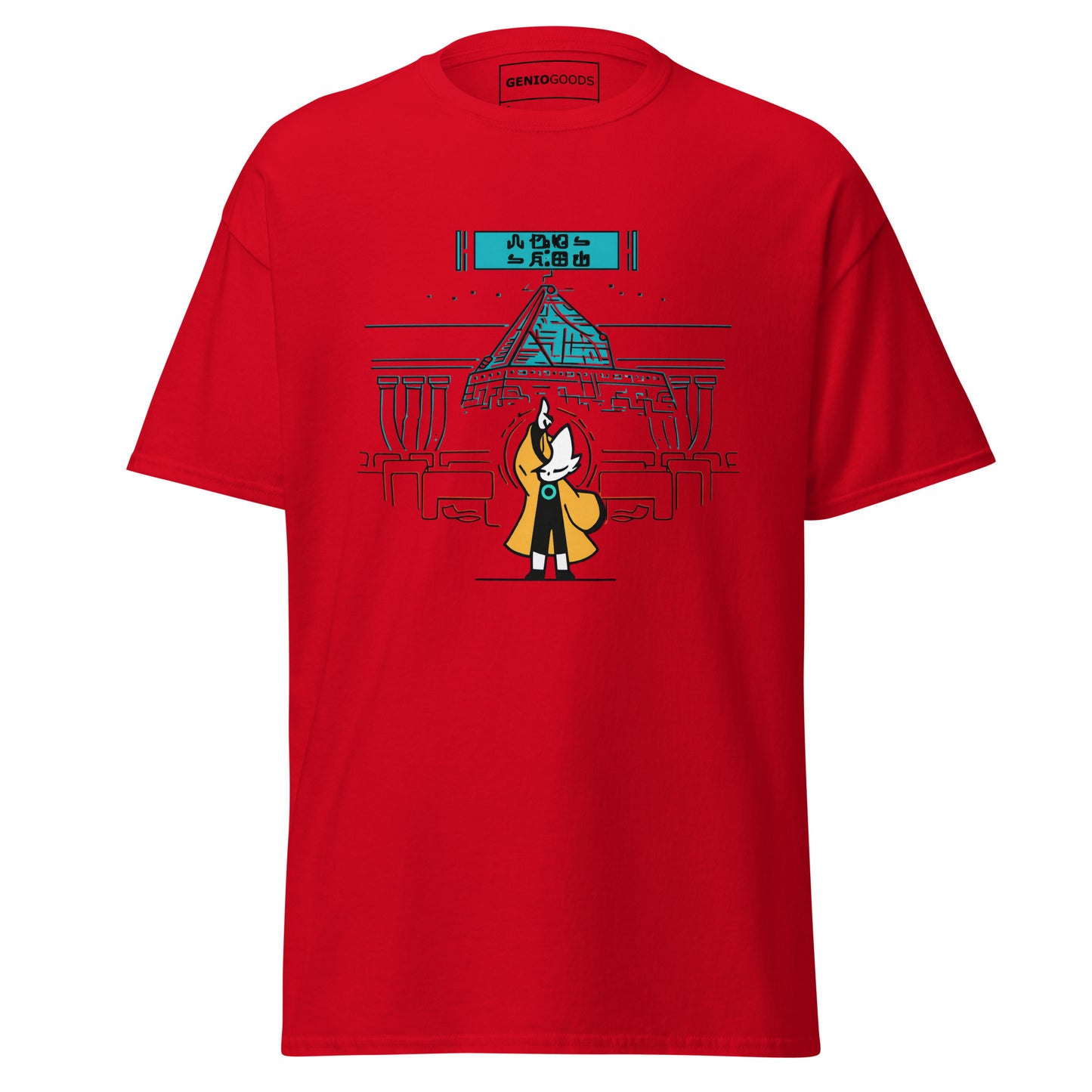 Front view of the red  Nine Sols Taopunk Tee Shrine of Silent Presence featuring a minimalist shrine scene in taopunk style