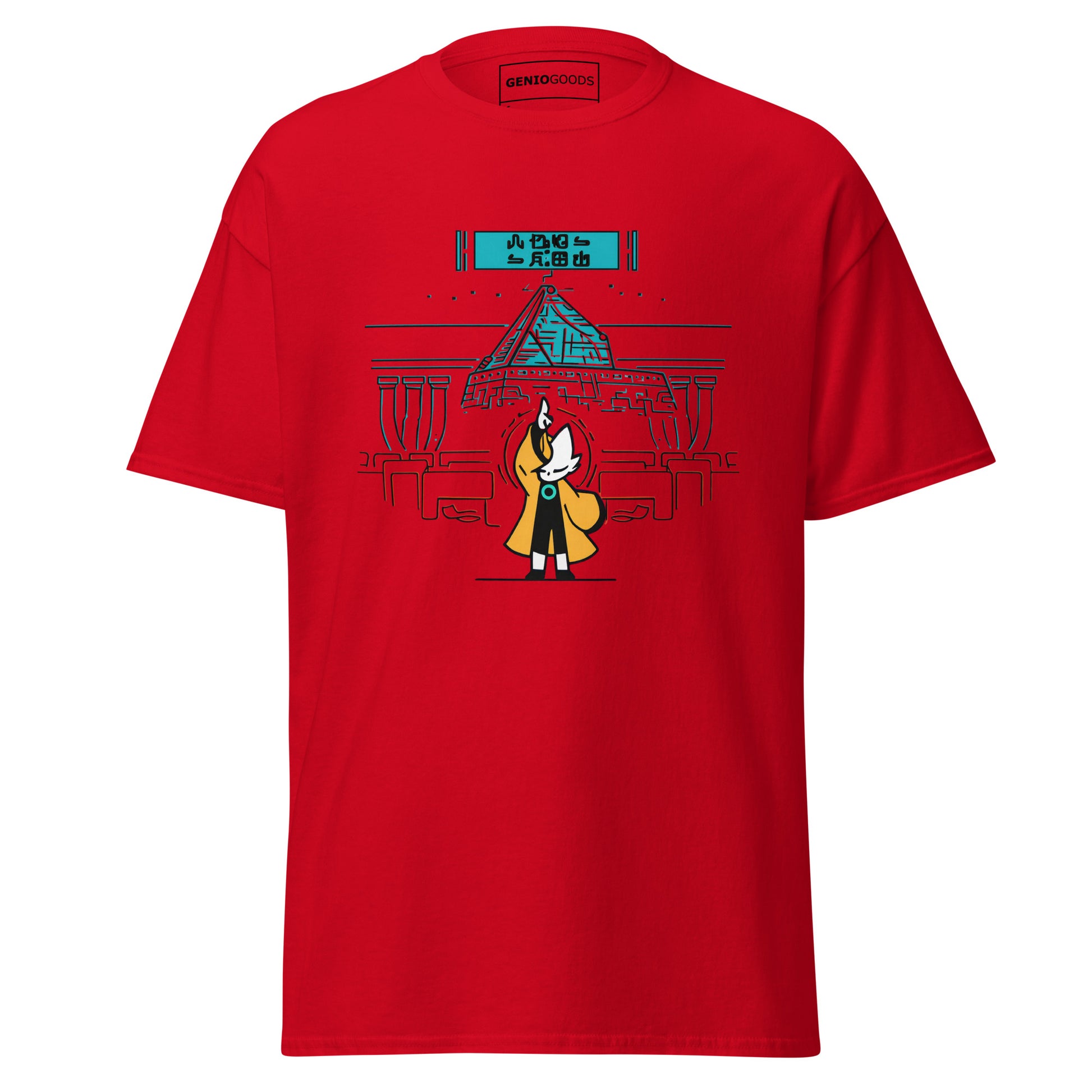 Front view of the red  Nine Sols Taopunk Tee Shrine of Silent Presence featuring a minimalist shrine scene in taopunk style