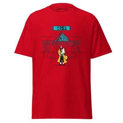 Front view of the red  Nine Sols Taopunk Tee Shrine of Silent Presence featuring a minimalist shrine scene in taopunk style