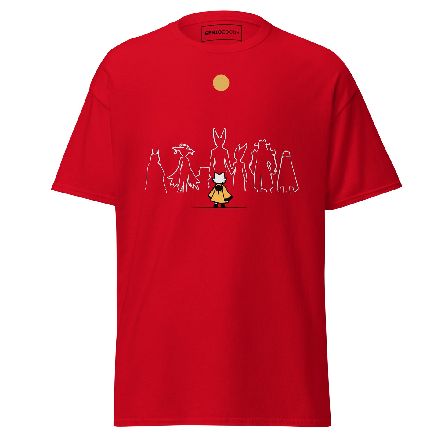 Front view of the red Nine Sols Under the Golden Sol character tee featuring a minimalist line art group beneath a golden sun