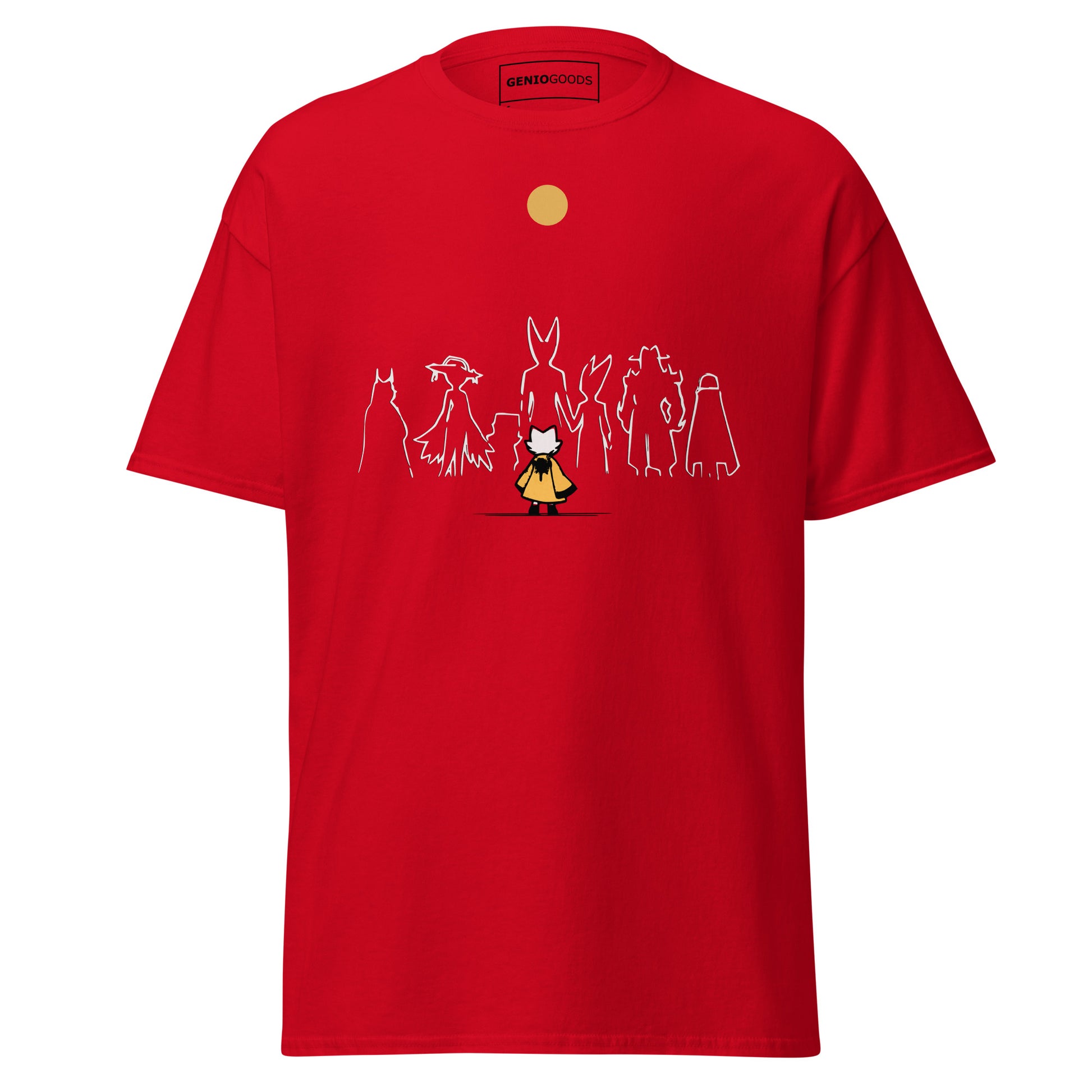 Front view of the red Nine Sols Under the Golden Sol character tee featuring a minimalist line art group beneath a golden sun