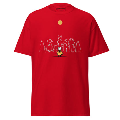 Front view of the red Nine Sols Under the Golden Sol character tee featuring a minimalist line art group beneath a golden sun
