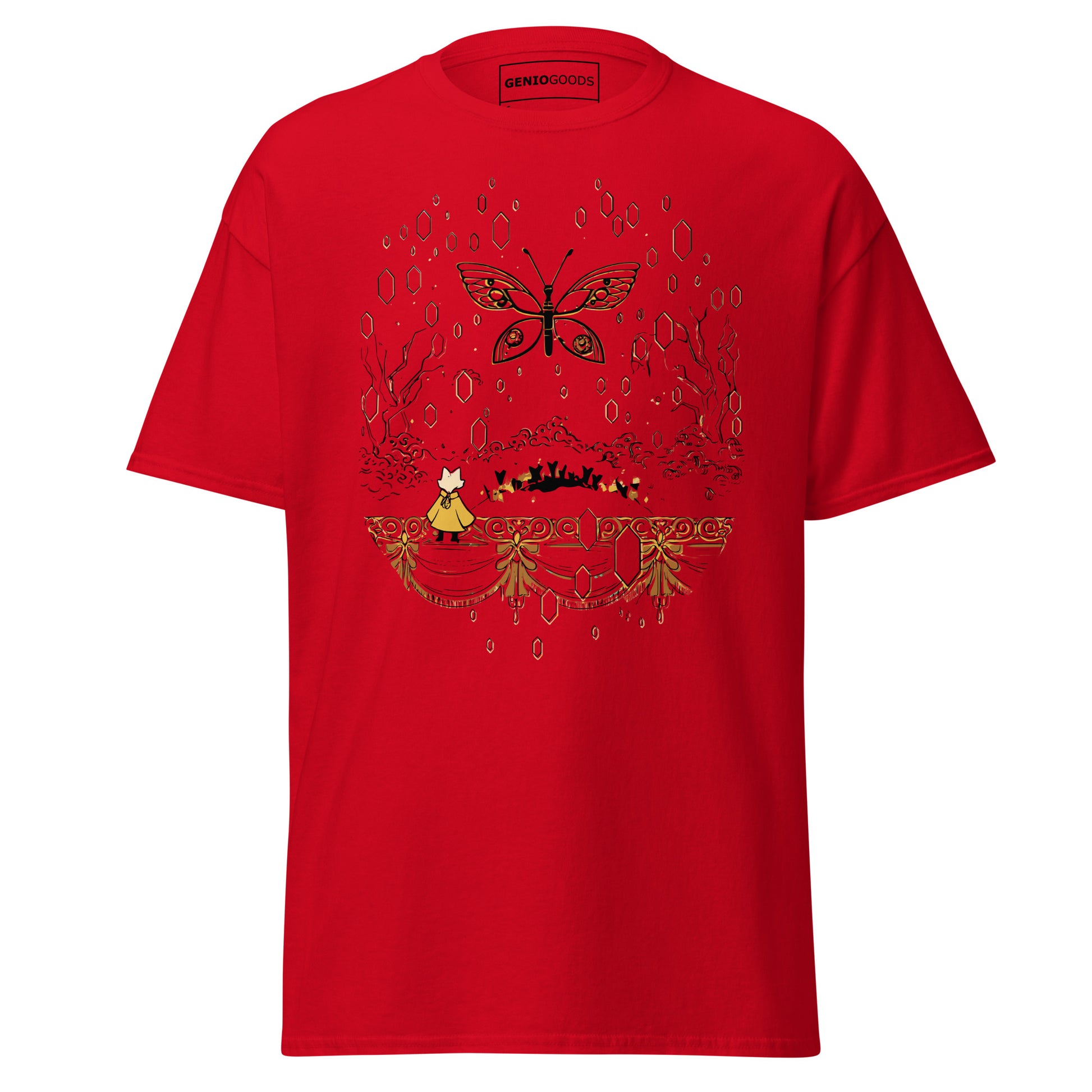 Front view of the red Nine Sols Butterfly Tee Golden Echo featuring a golden butterfly above an ornate shrine scene