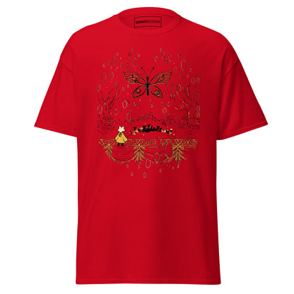 Front view of the red Nine Sols Butterfly Tee Golden Echo featuring a golden butterfly above an ornate shrine scene