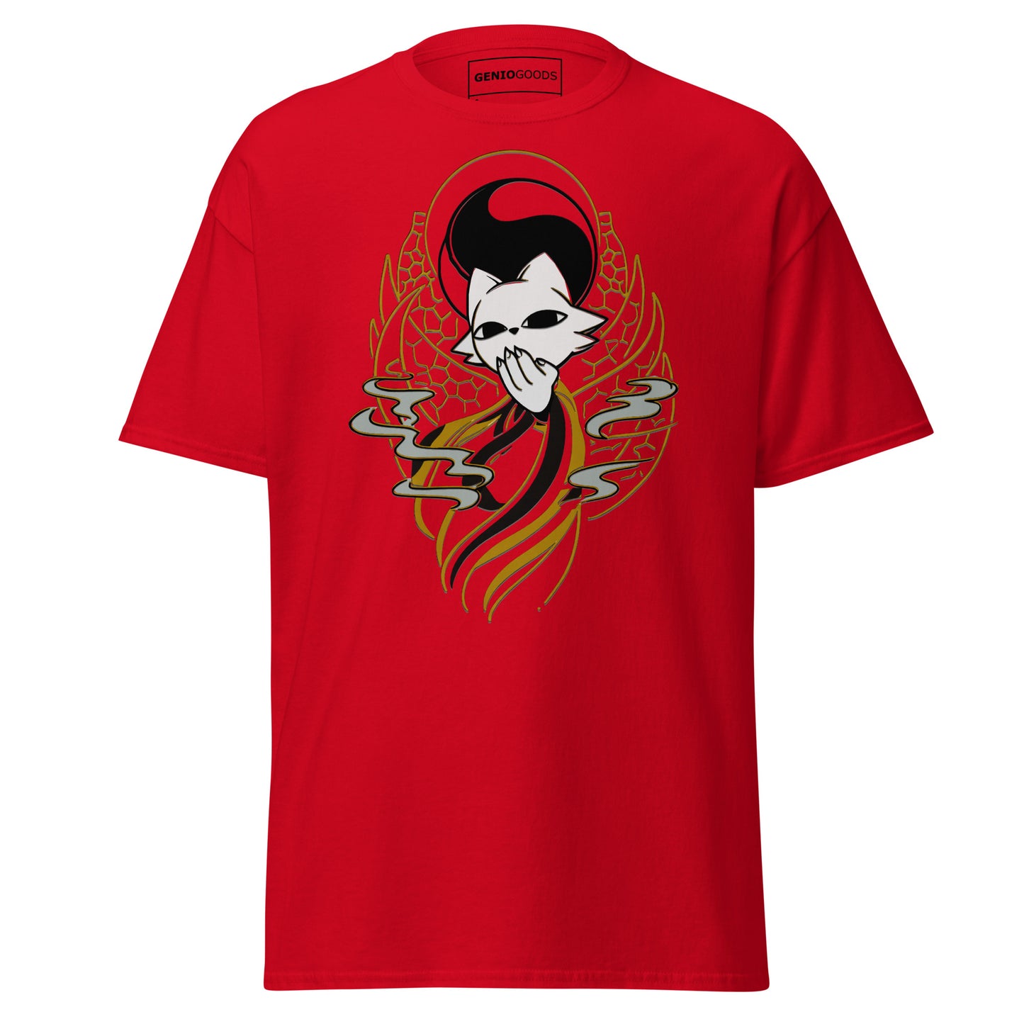 Front view of the red Nine Sols Yin Yang Tee Balance Presence featuring a yin yang skull graphic with golden line details