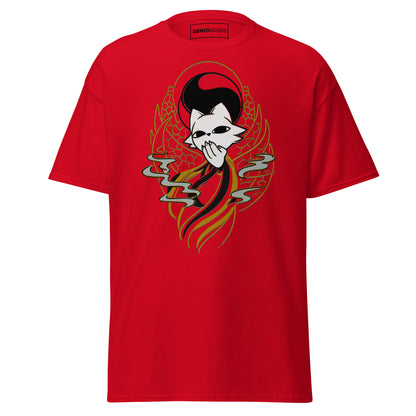 Front view of the red Nine Sols Yin Yang Tee Balance Presence featuring a yin yang skull graphic with golden line details