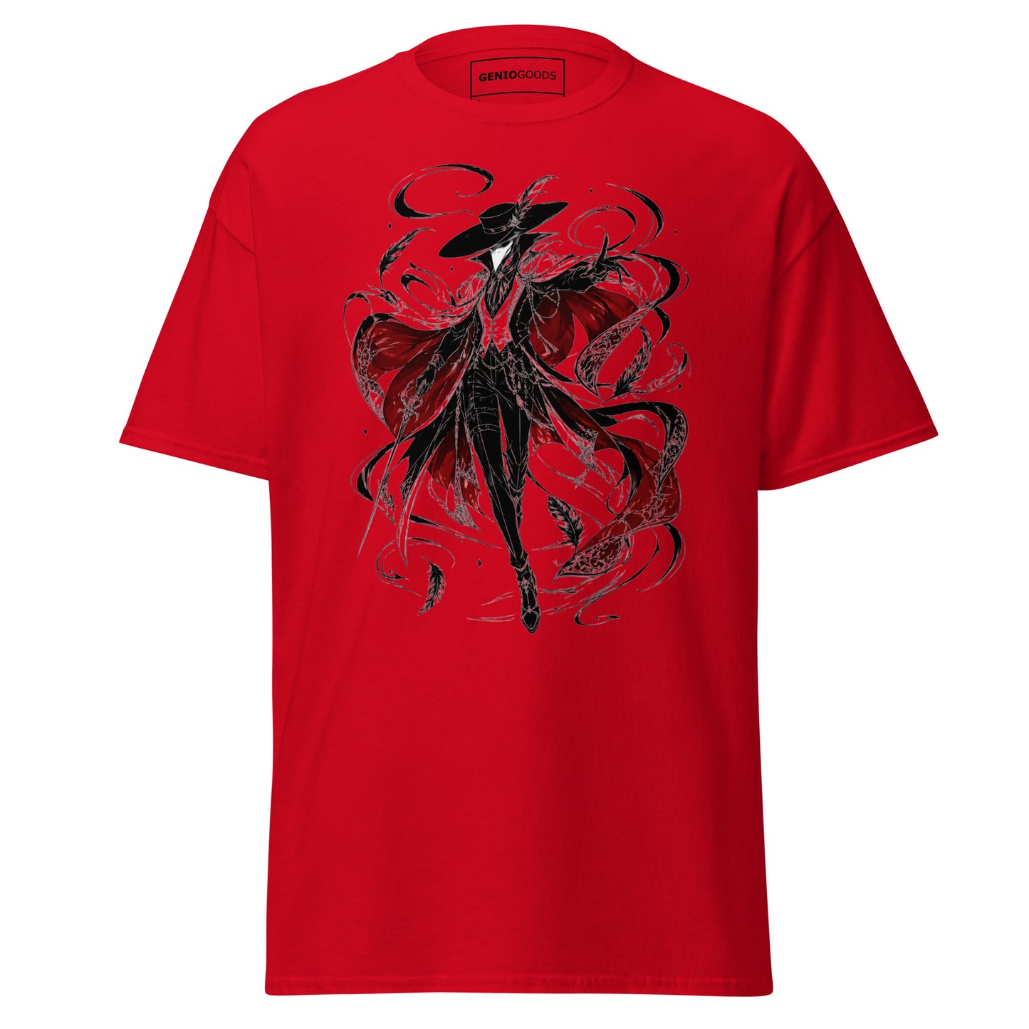 Front view of the red Crowsworn Crimson Wraith T-shirt with gothic dark fantasy graphic