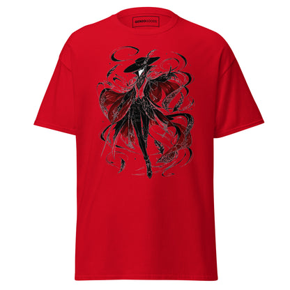 Front view of the red Crowsworn Crimson Wraith T-shirt with gothic dark fantasy graphic