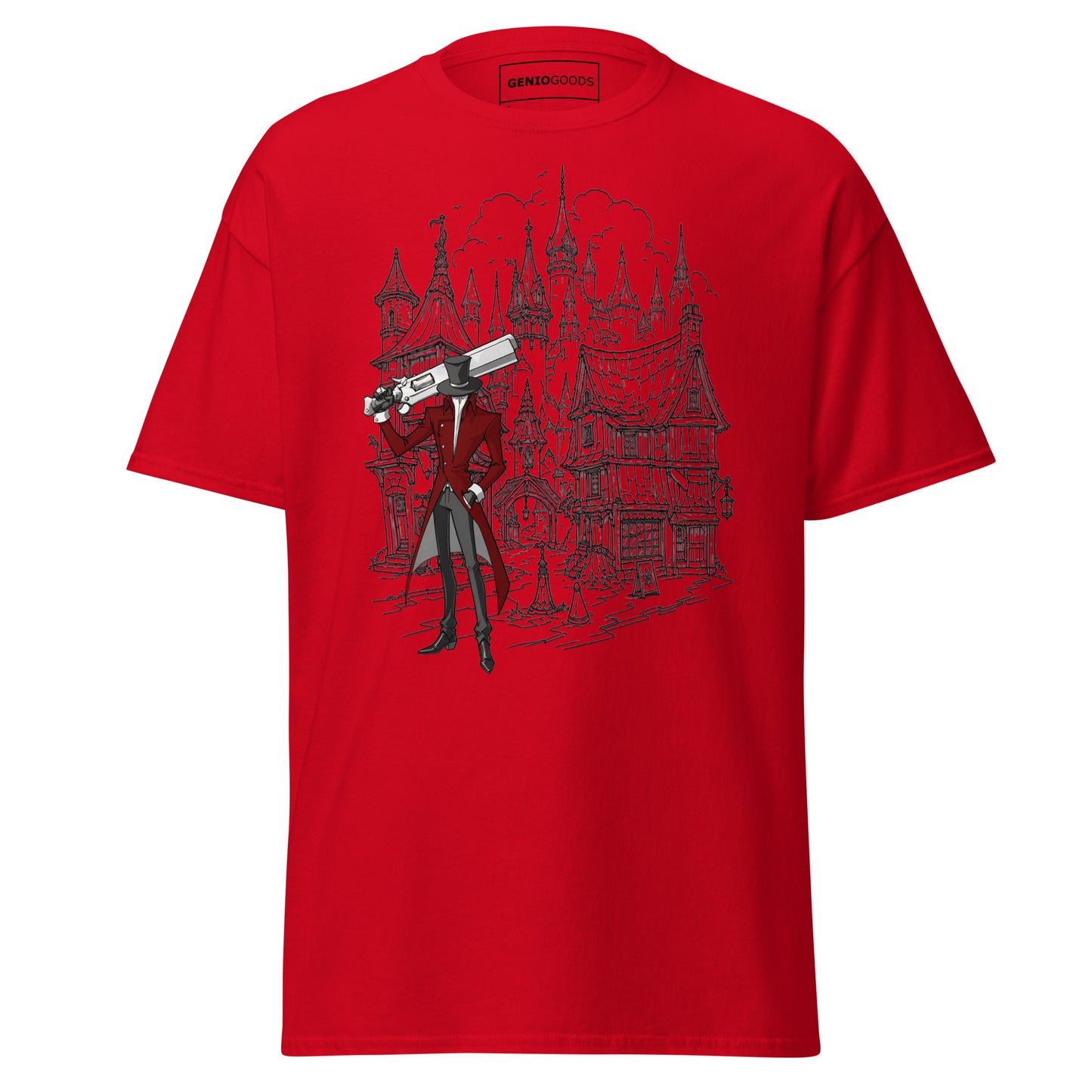 Front view of the Red Crowsworn Gothic Hunter T-shirt with dark fantasy ruined kingdom graphic
