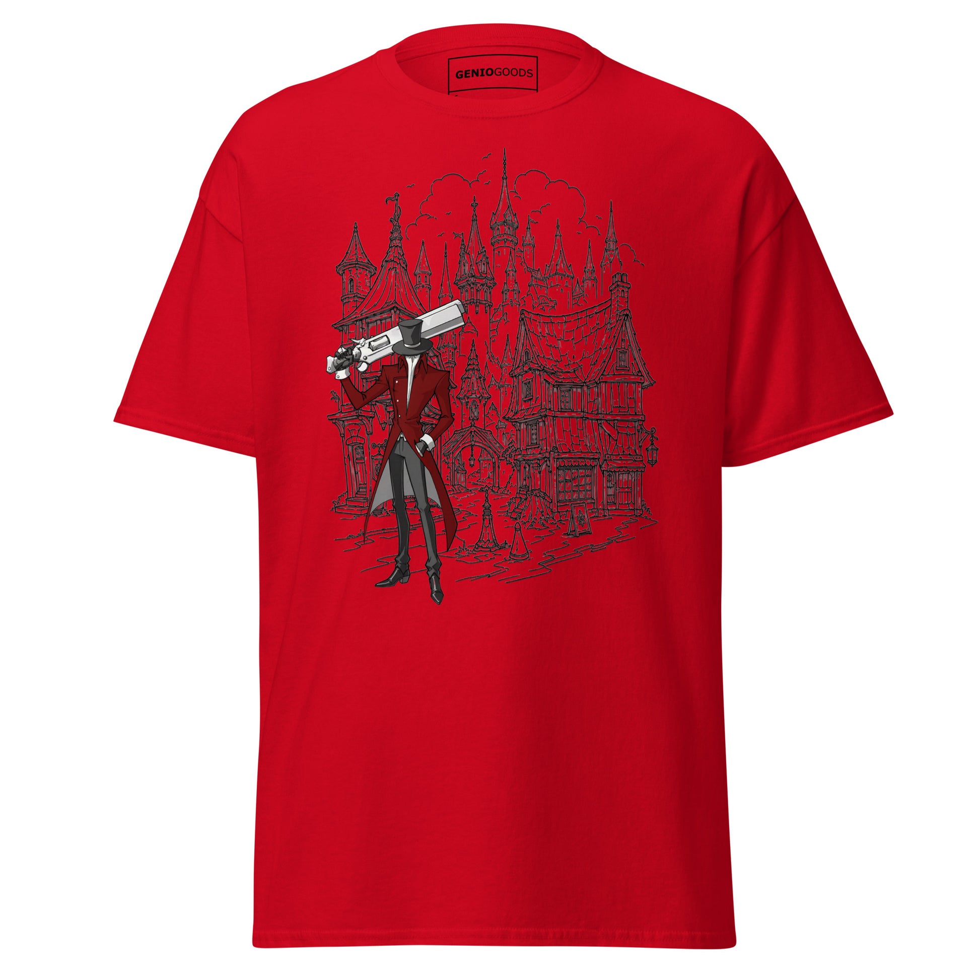 Front view of the Red Crowsworn Gothic Hunter T-shirt with dark fantasy ruined kingdom graphic