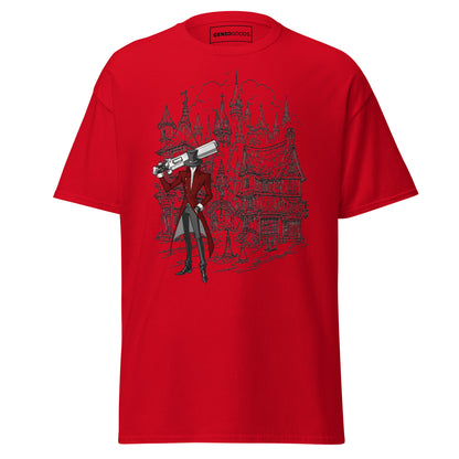 Front view of the Red Crowsworn Gothic Hunter T-shirt with dark fantasy ruined kingdom graphic