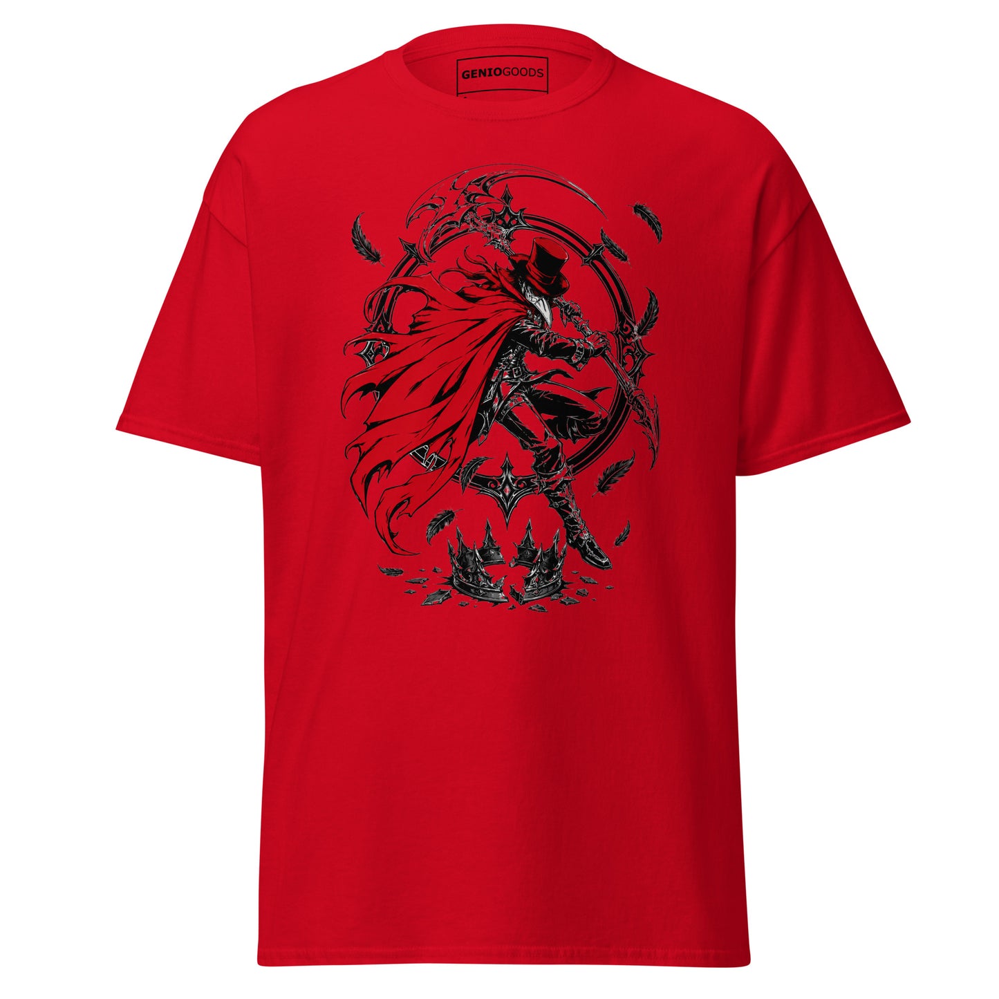 Red Crowsworn Crimson Scythe T-shirt with red-caped warrior, raised scythe, dark feathers and gothic fantasy artwork.