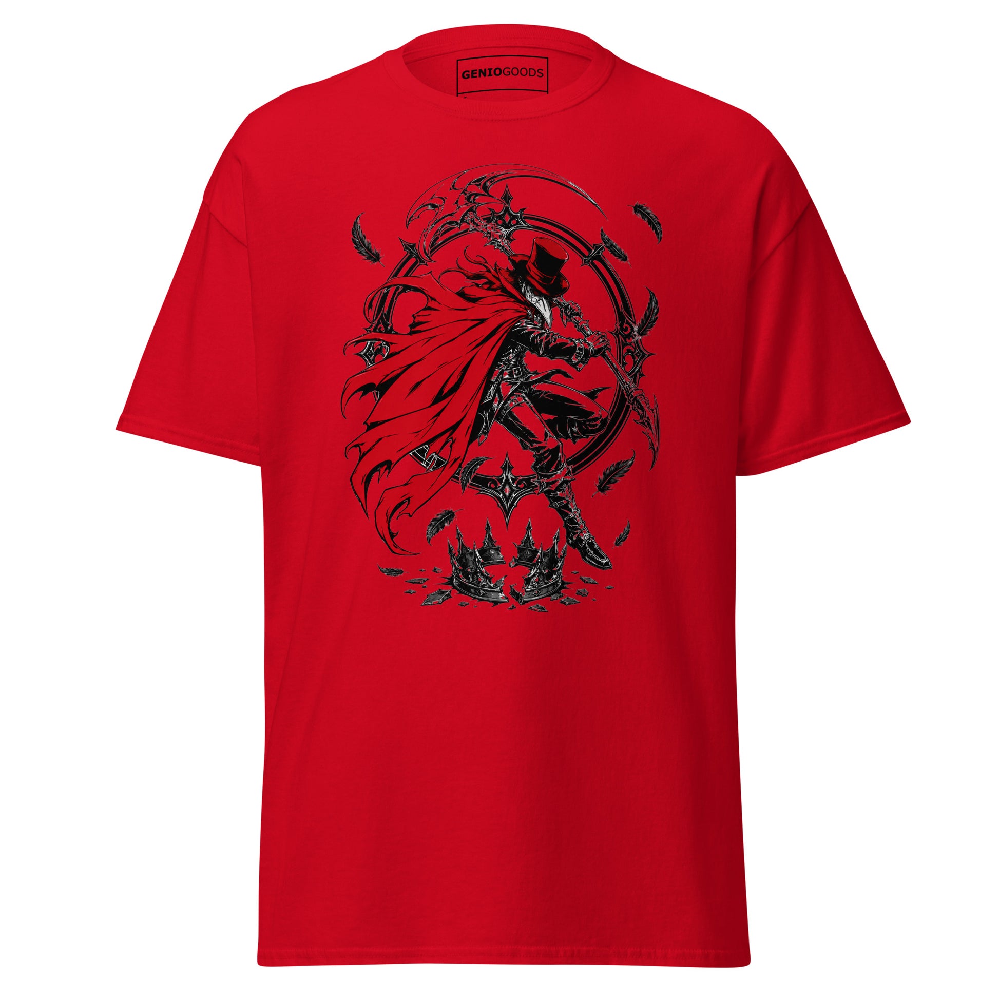 Red Crowsworn Crimson Scythe T-shirt with red-caped warrior, raised scythe, dark feathers and gothic fantasy artwork.