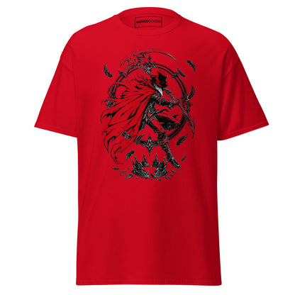 Red Crowsworn Crimson Scythe T-shirt with red-caped warrior, raised scythe, dark feathers and gothic fantasy artwork.