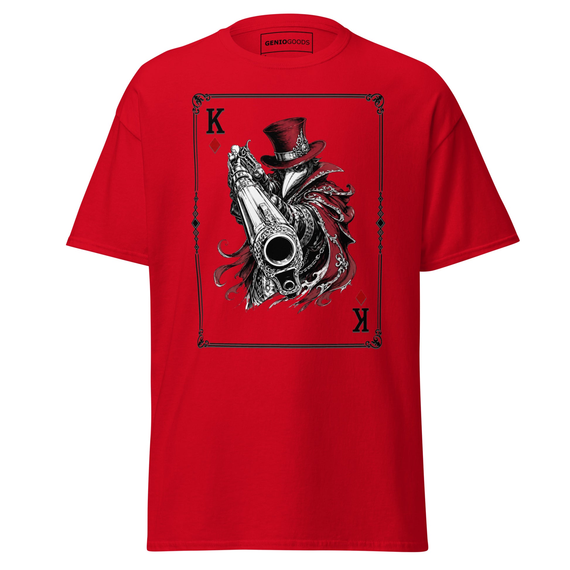 Front view of the red Crowsworn King of Diamonds T-shirt with crimson gambit card graphic
