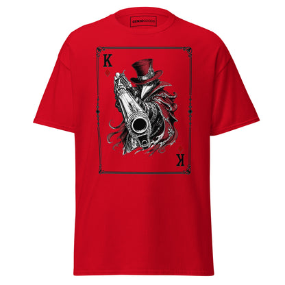 Front view of the red Crowsworn King of Diamonds T-shirt with crimson gambit card graphic