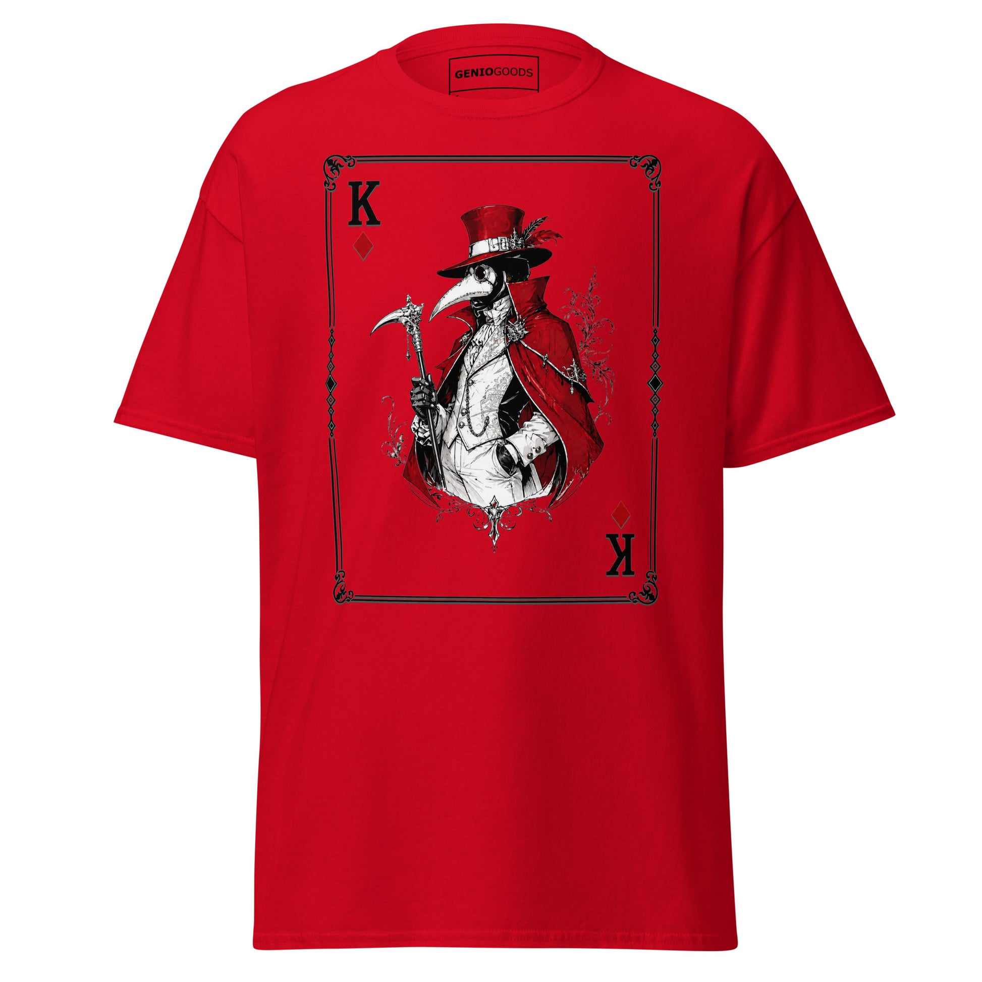 Front view of the red Crowsworn Masked King T-shirt with crimson card graphic