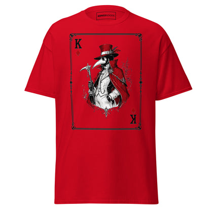 Front view of the red Crowsworn Masked King T-shirt with crimson card graphic