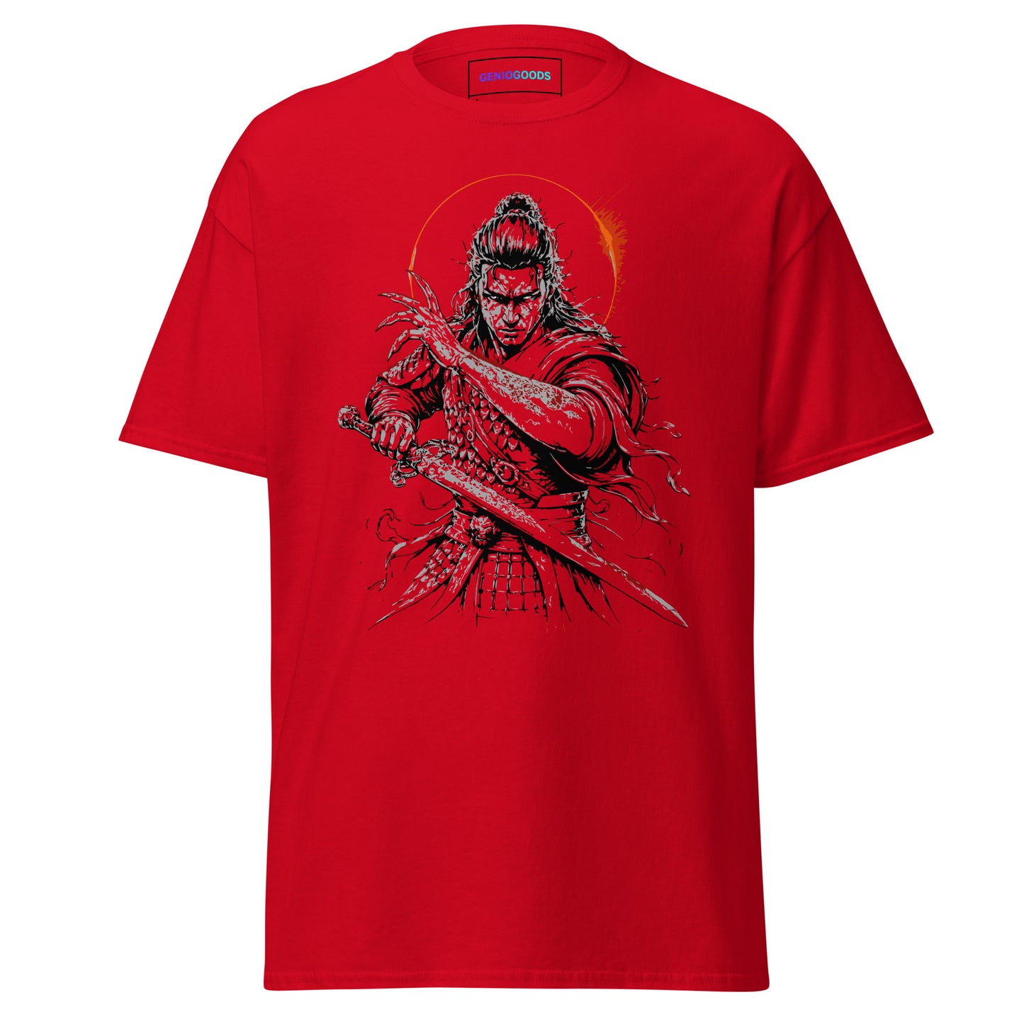 Front view of The Blood of Dawnwalker Coen Sword T-Shirt with Coen blade artwork on a red tee