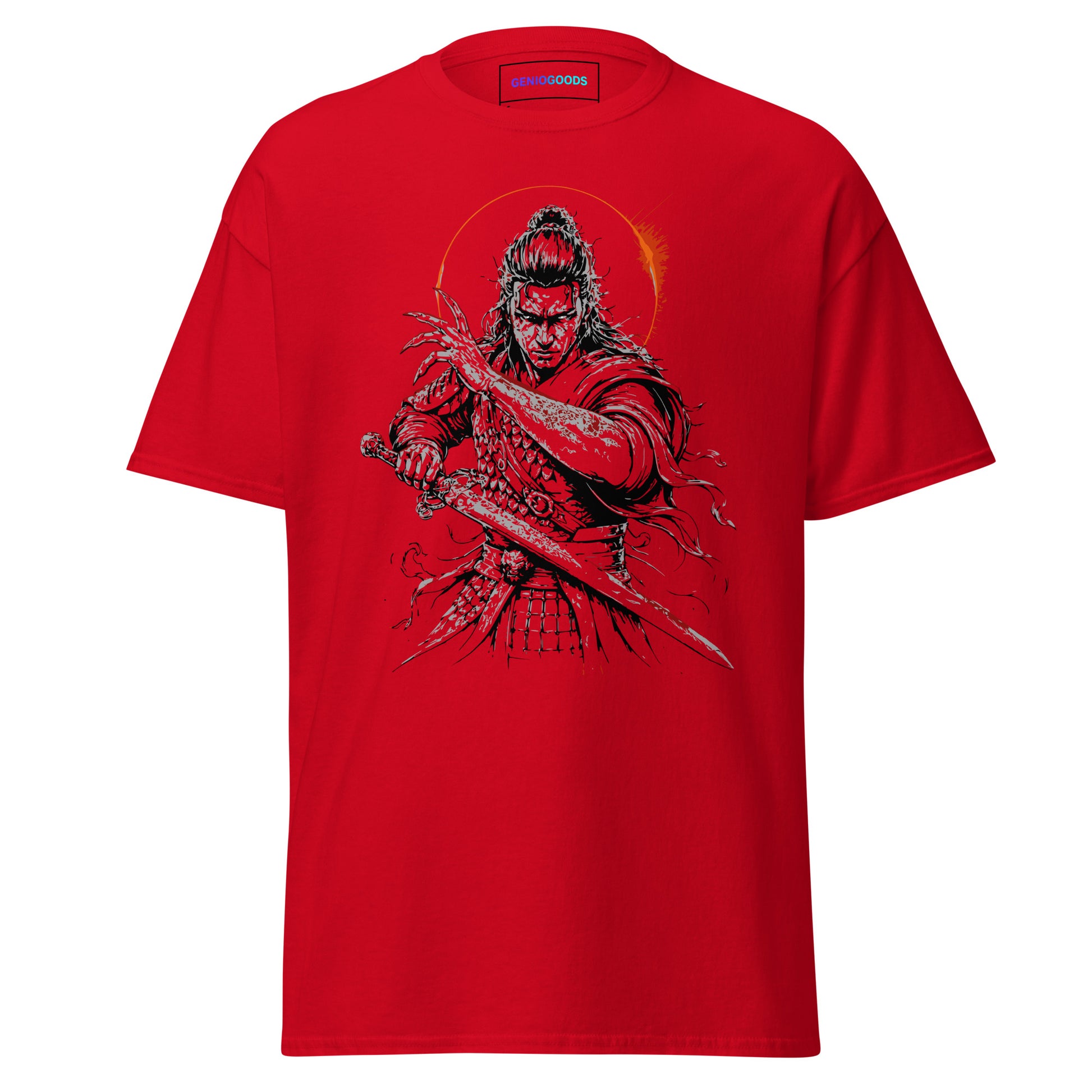 Front view of The Blood of Dawnwalker Coen Sword T-Shirt with Coen blade artwork on a red tee