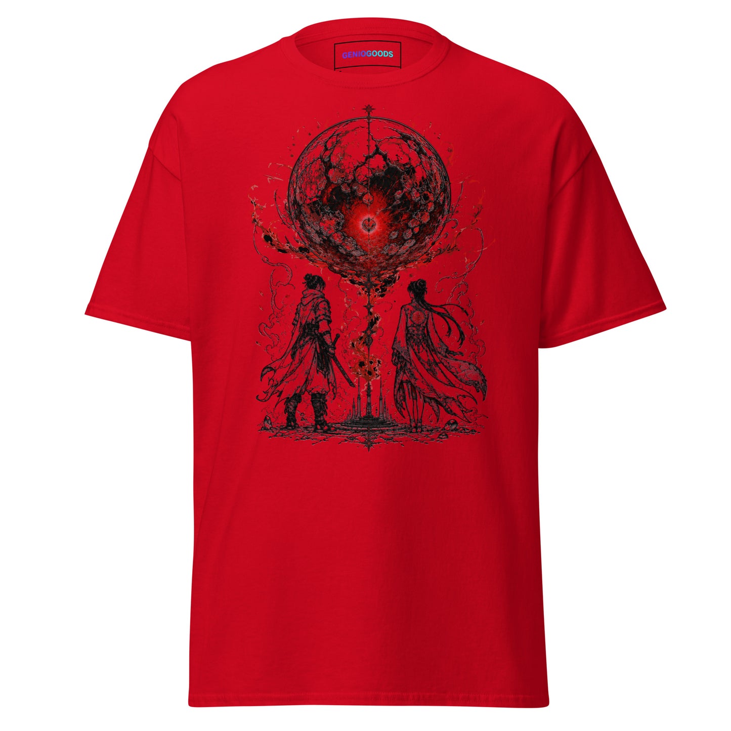 Front view of The Blood of Dawnwalker Crimson Eclipse T-Shirt with crimson eclipse artwork across the front of the tee